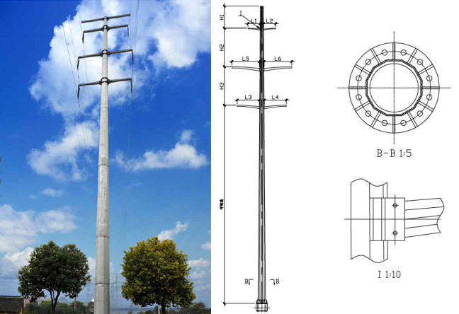 95FT NGCP Philippines Hot Dip Galvanization Steel Power Poles AWS D 1.1 1